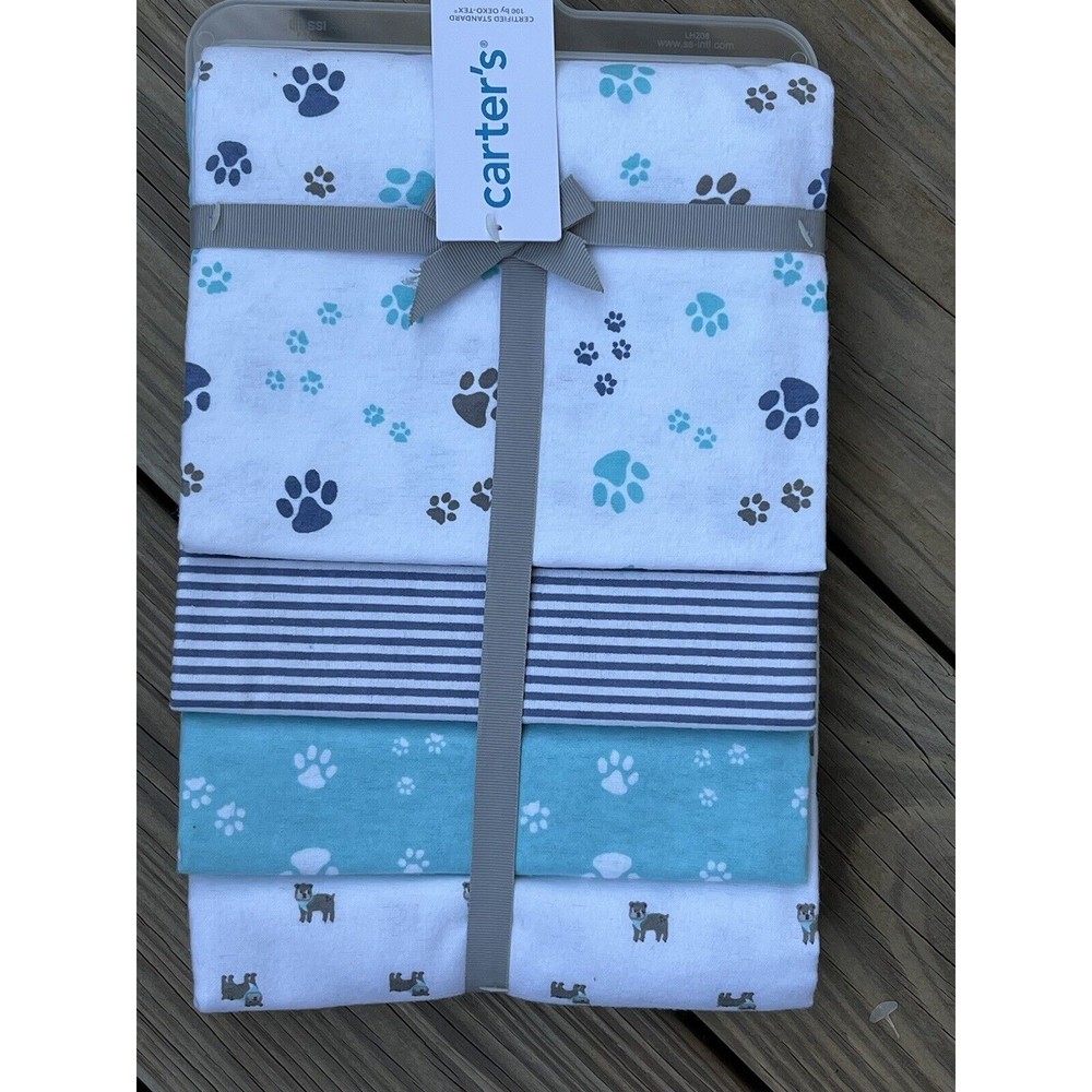 Carter’s 4 Pk Baby Receiving Blankets Blue Paw Print Puppy Dog Stripe Cotton New